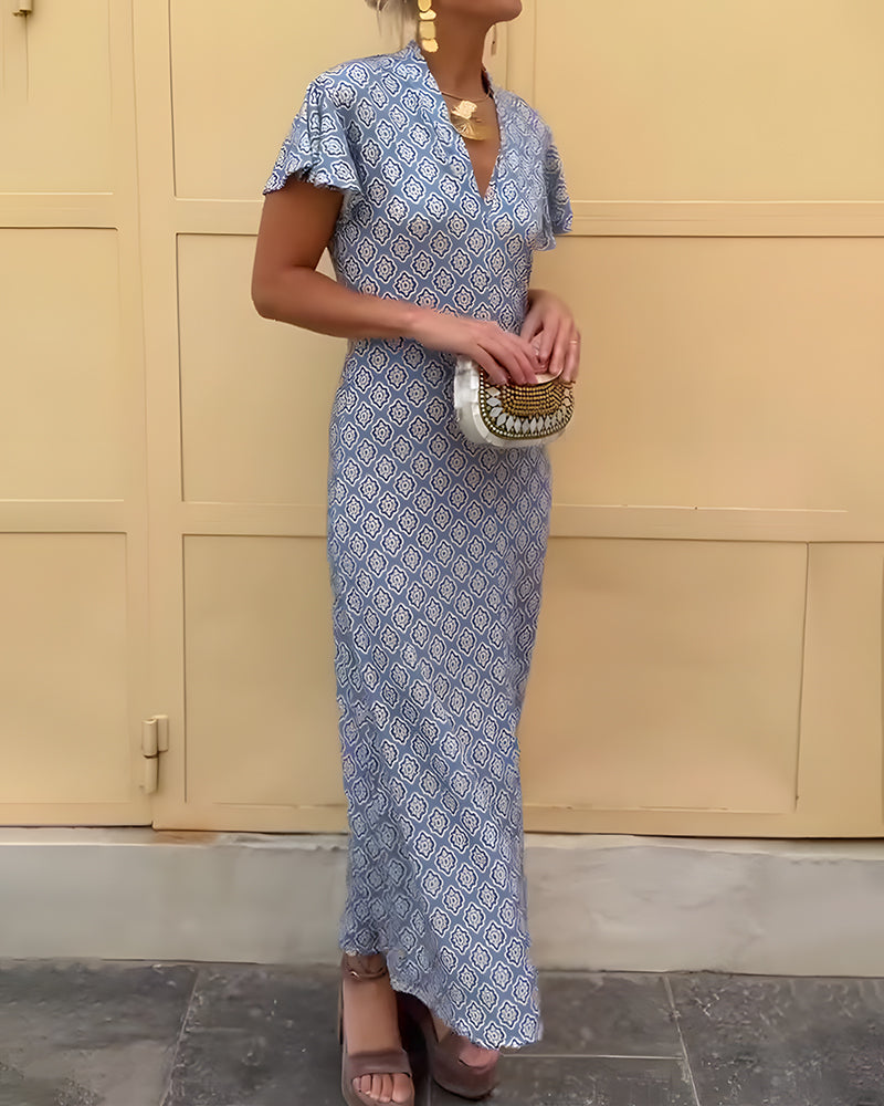 Robe Col V Imprimé Diamant Manche Volantée
