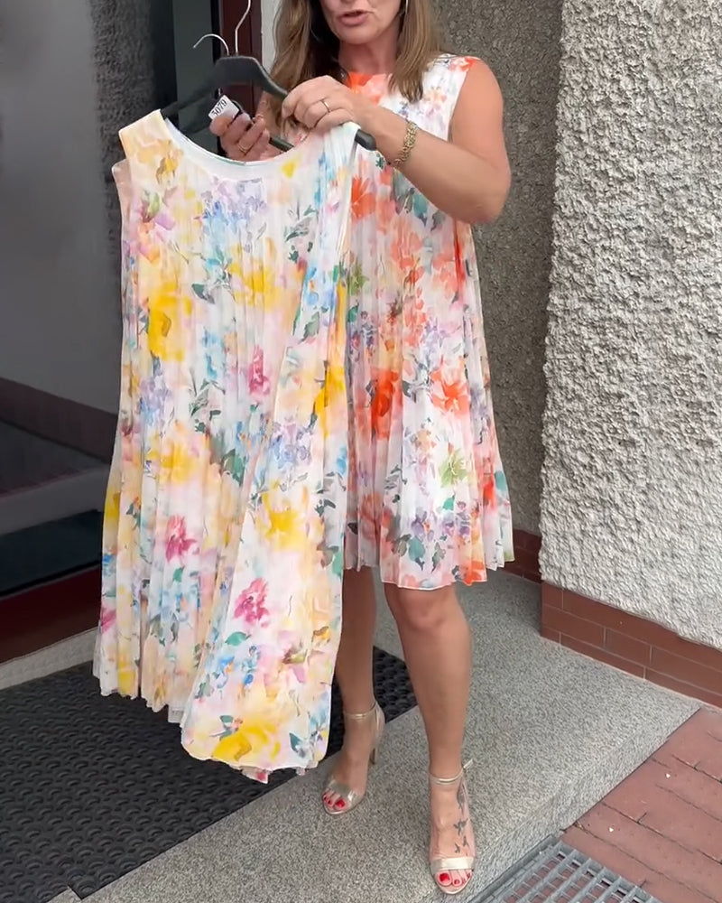 Robe Sans Manches Plissée Fleurie