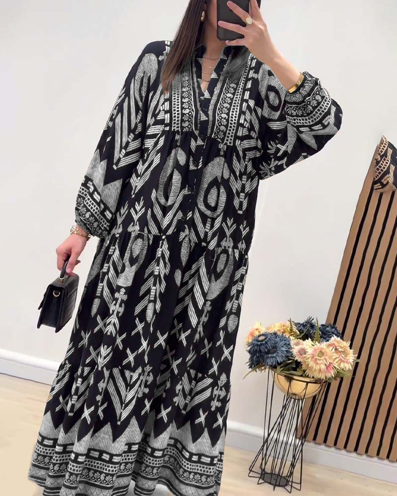 Robe imprimée à manches longues et col V