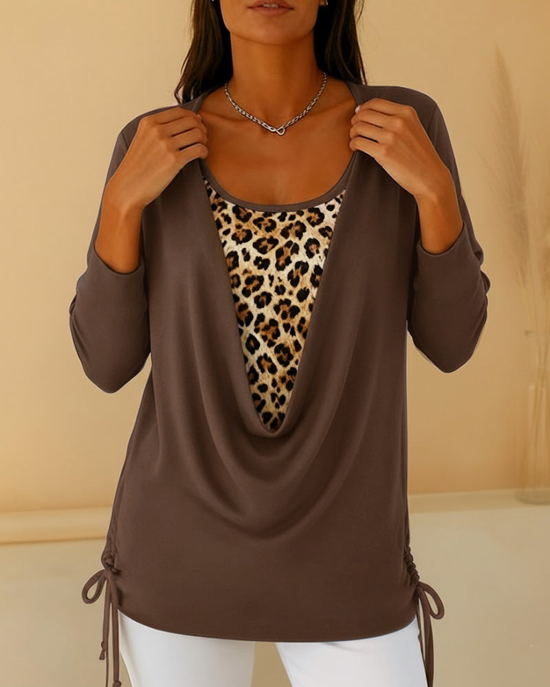 T-shirt faux deux pièces à lacets imprimé léopard