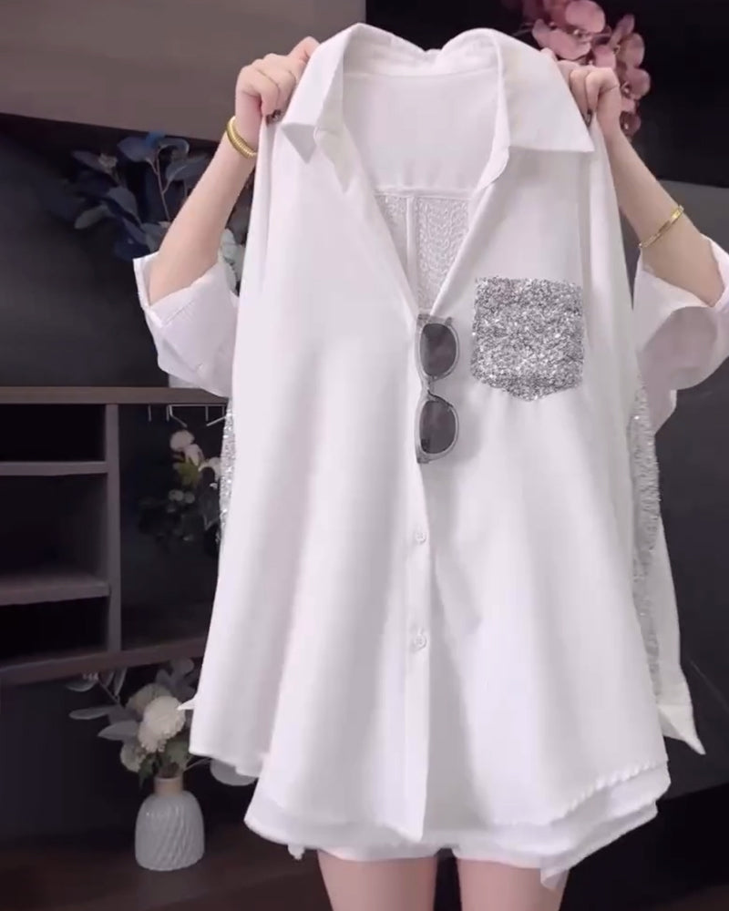 Chemise À Paillettes À Revers Et Manches Longues