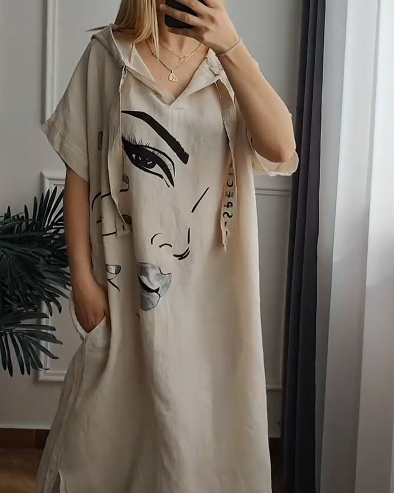 Robe à Capuche Imprimée Coupe Ample
