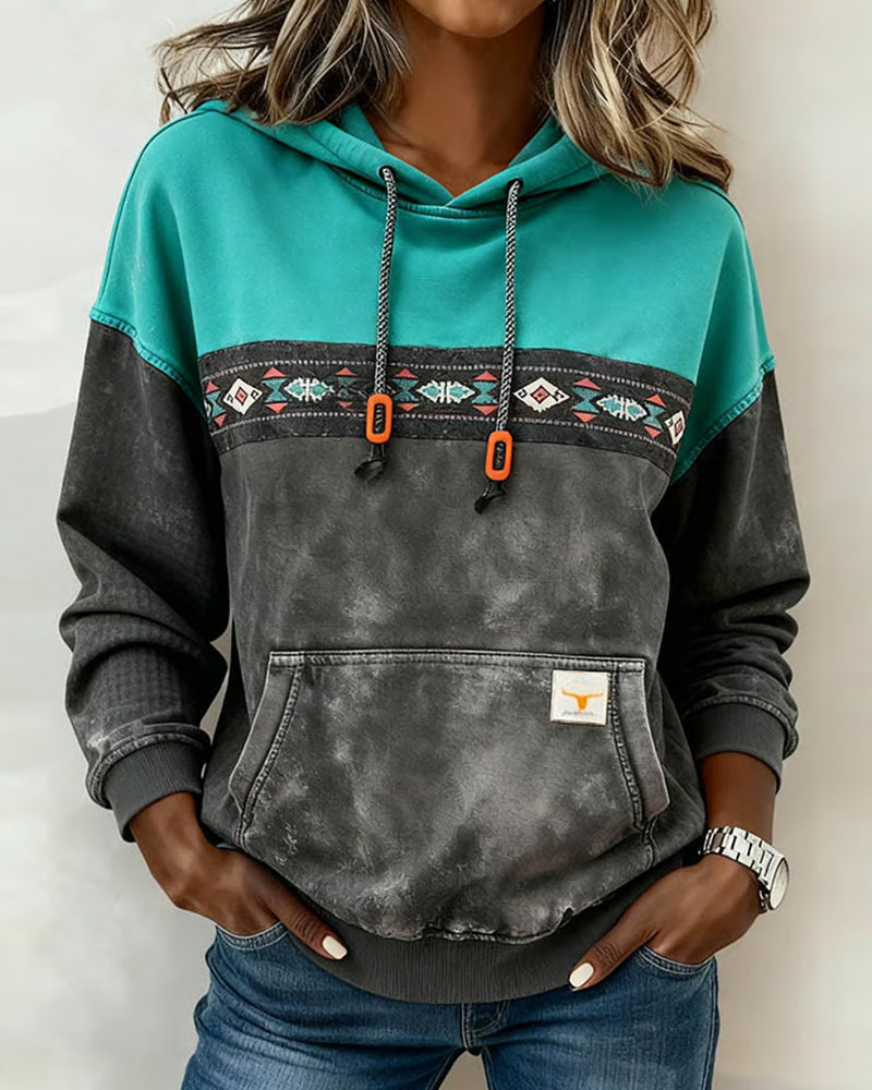 Sweat À Capuche Rétro Avec Poche Et Coupe De Couleur