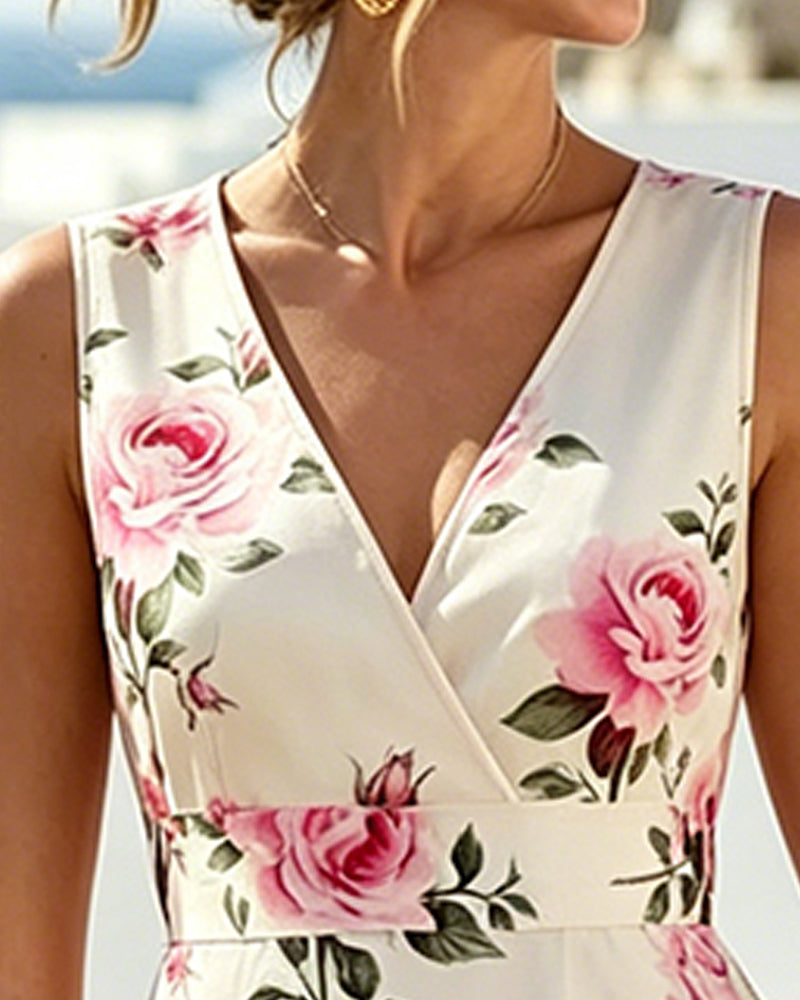 Robe Florale Col V Sans Manches Taille A-Ligne