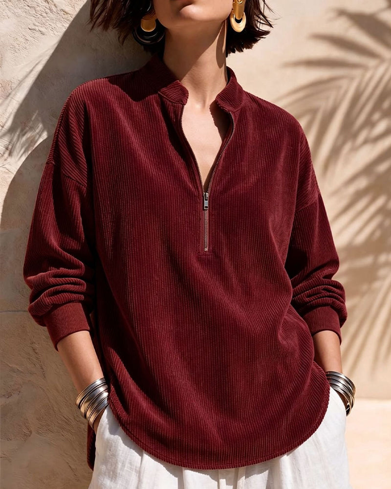 Blouse Zip Col Montant Velours Côtelé
