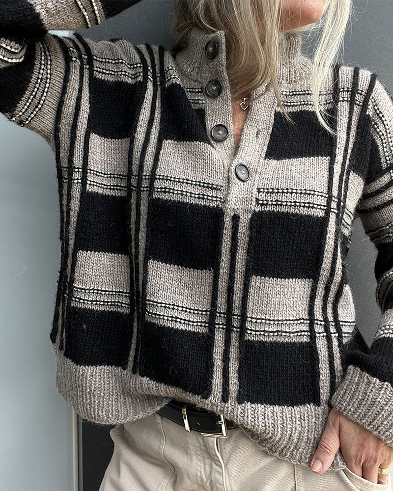 Pull Bouton Col Roulé Carreau Bloc De Couleur