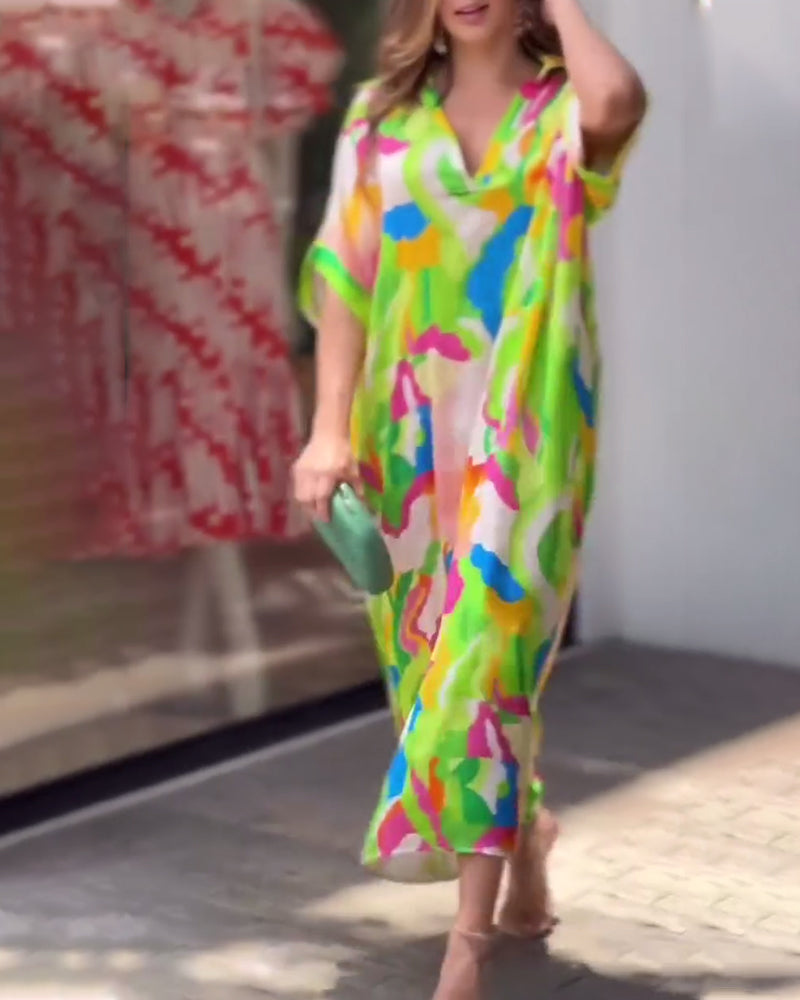 Robe décontractée à manches mi-longues et revers imprimés