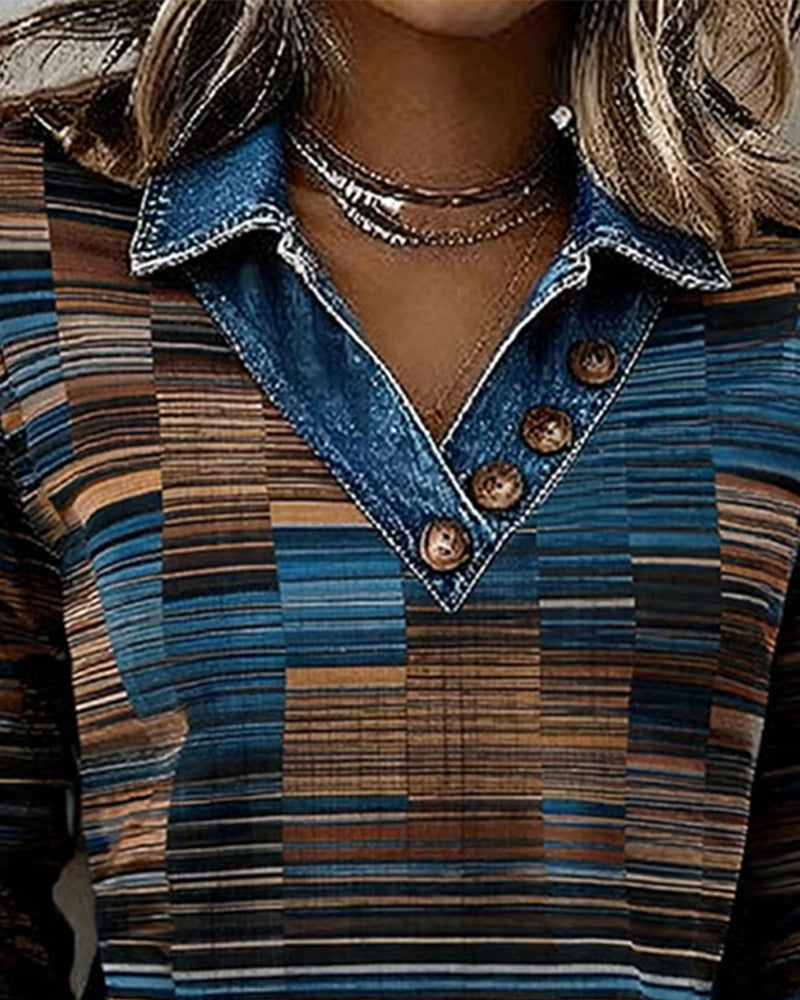 Haut Denim Patchwork Rayure Vintage