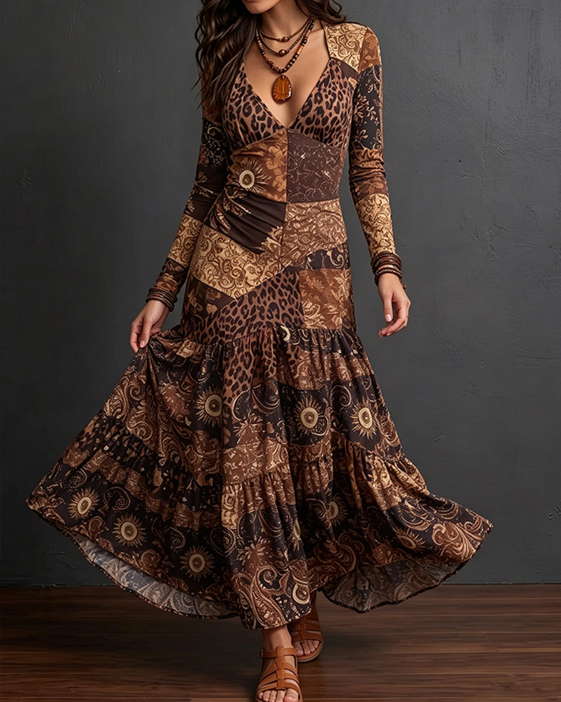 Robe Col V Imprimé Léopard Volantée Manche Longue