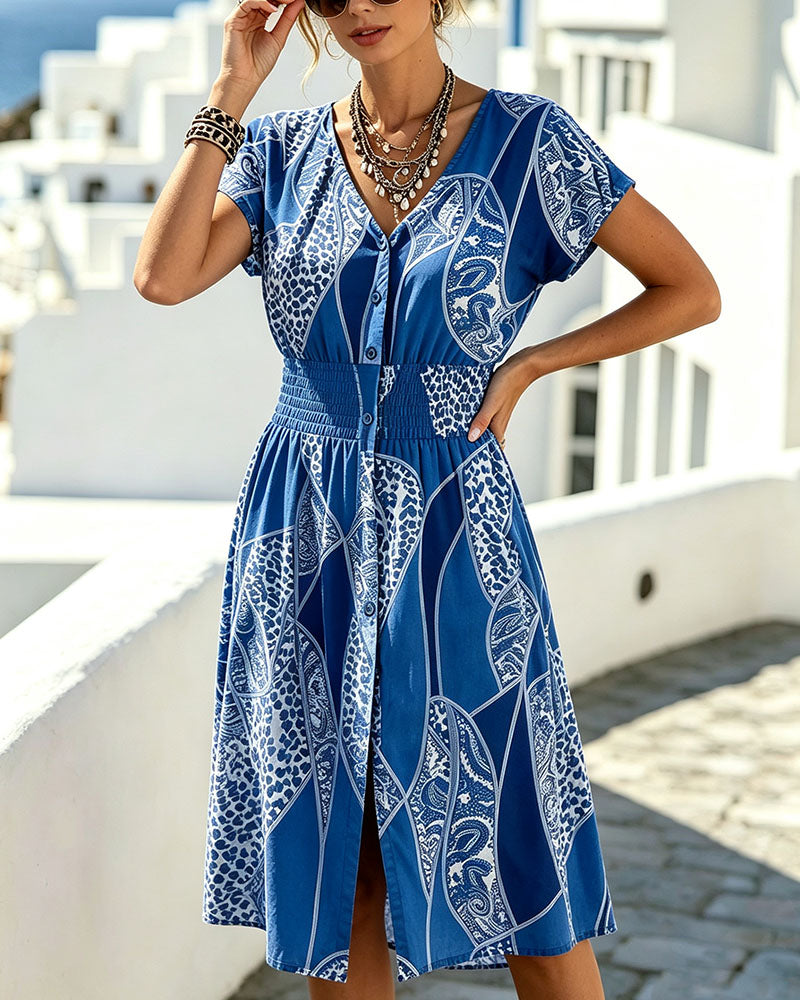 Robe Léopard Imprimé Col V Bouton Taille