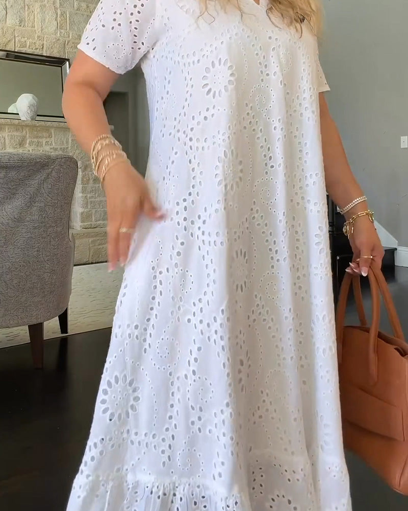 Robe Col V Ajourée Volants Uni