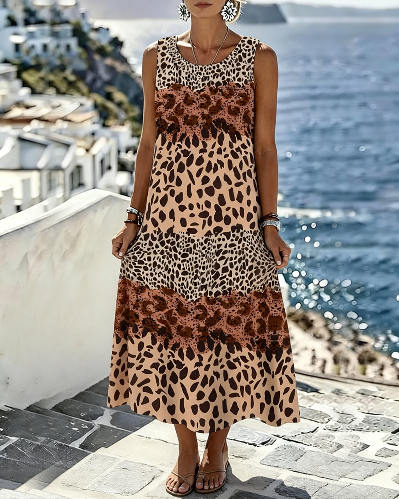 Robe Bloc De Couleur Léopard Imprimé Sans Manches Midi
