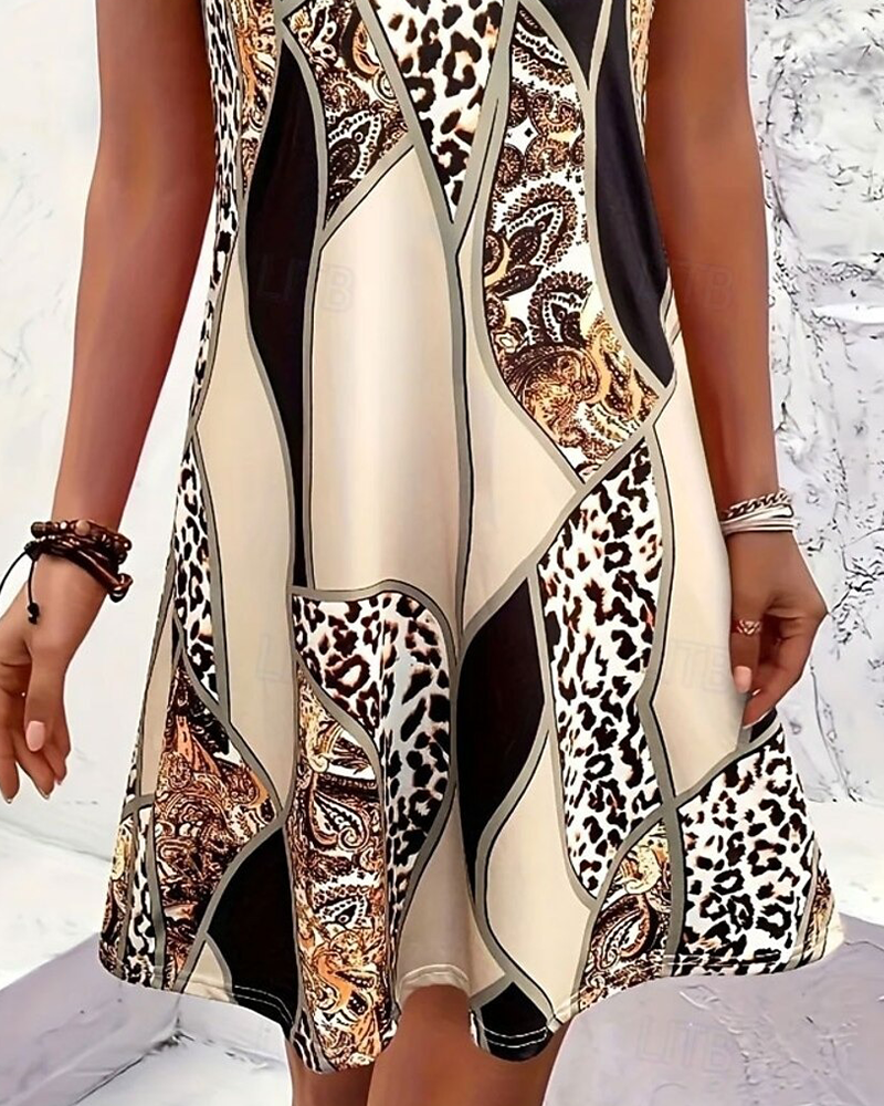 Robe Sans Manches Léopard Patchwork A-Ligne