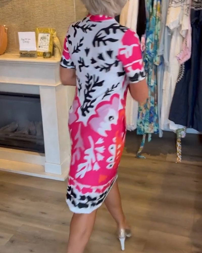 Robe imprimée col V à manches courtes