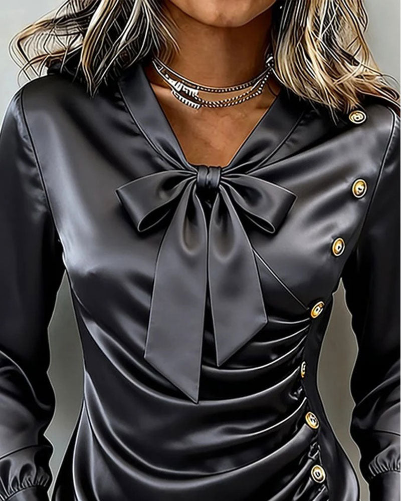 Blouse Col V Nœud Froncé Bouton