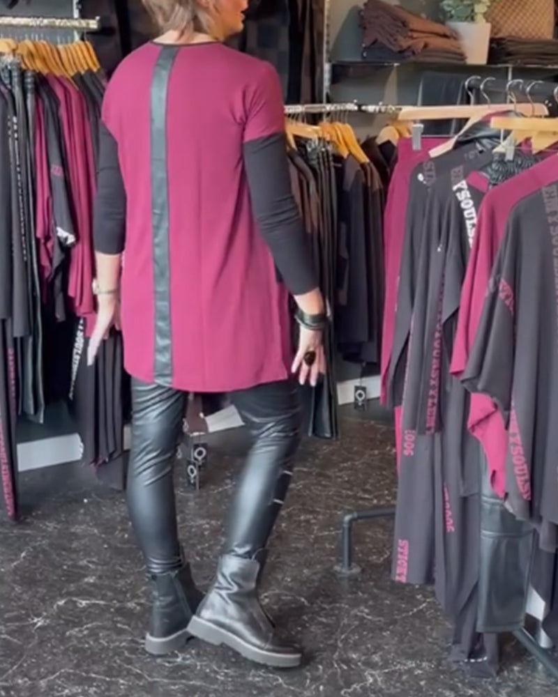 Haut de couleur contrastée avec coutures de poche en PU à col rond