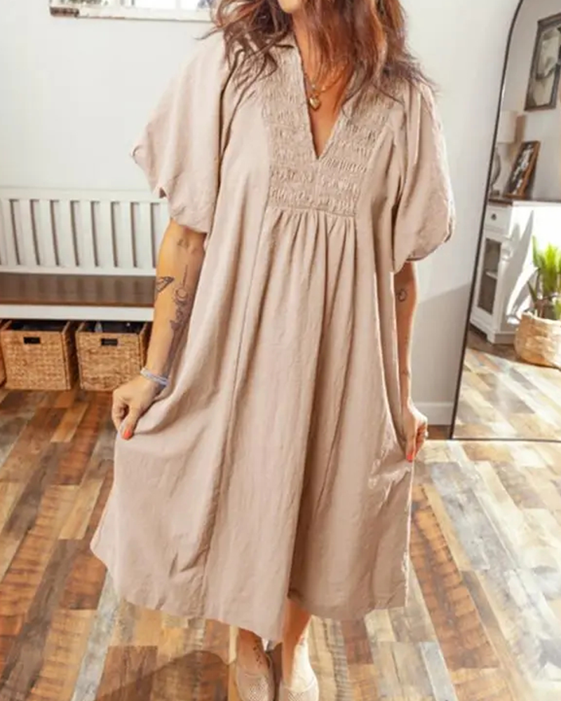 Robe Col V Rabat Manche Bouffante Maxi