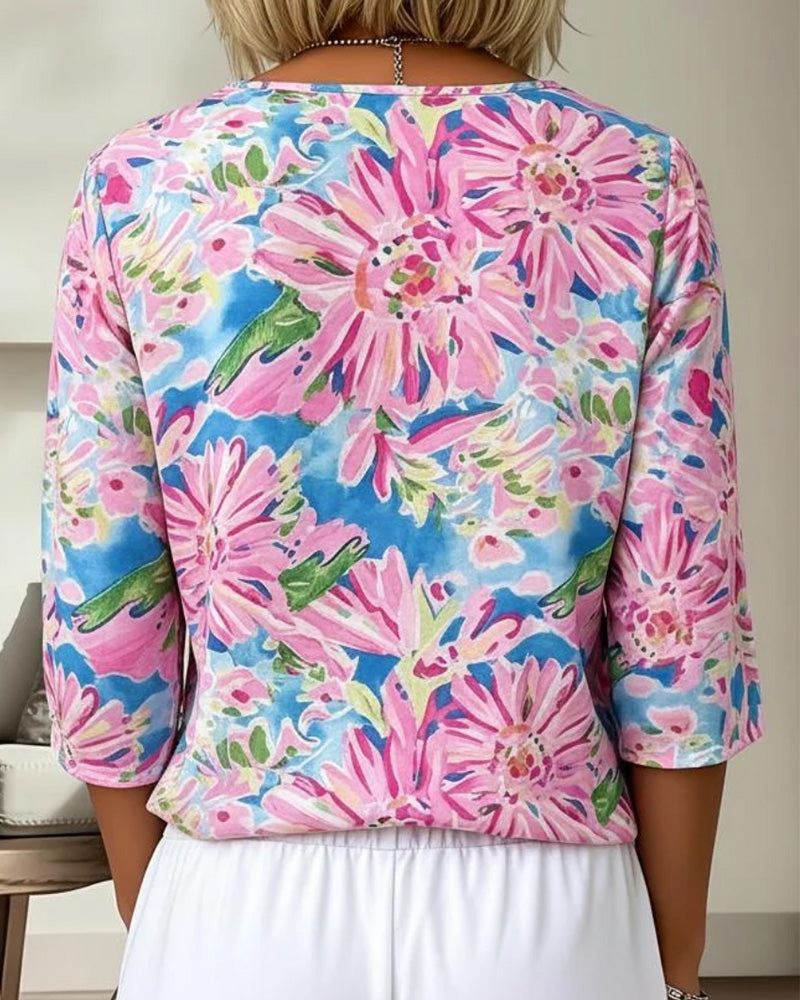 Blouse Fleurie Col En V Demi-Manches