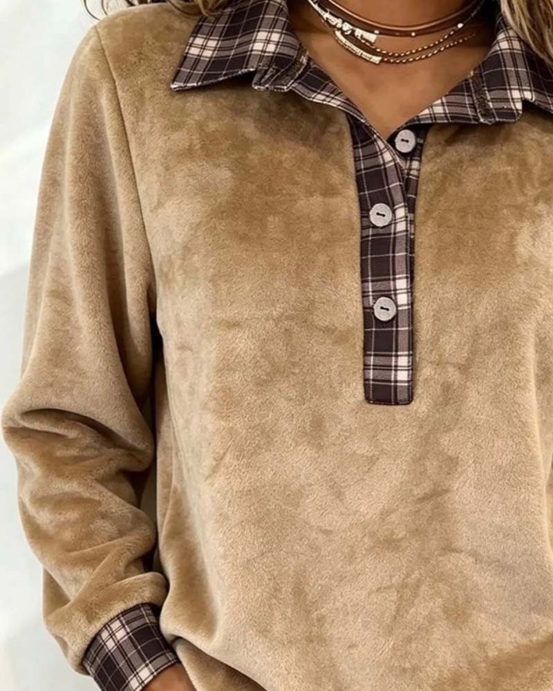 Sweat Col Rabattu Bouton À Carreaux Patchwork