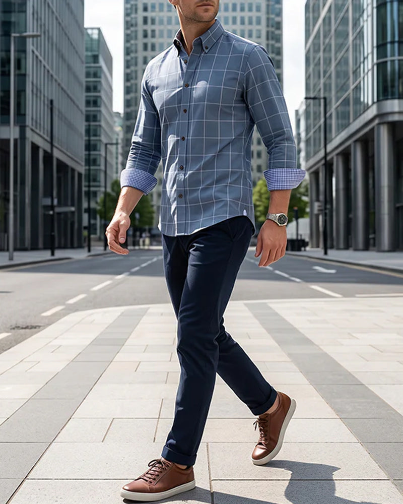 Chemise Bleu Et Blanc Carreau Revers Manche Longue