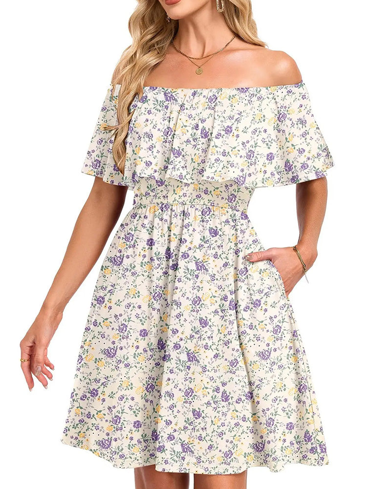 Robe Florale Épaules Dénudées Midi