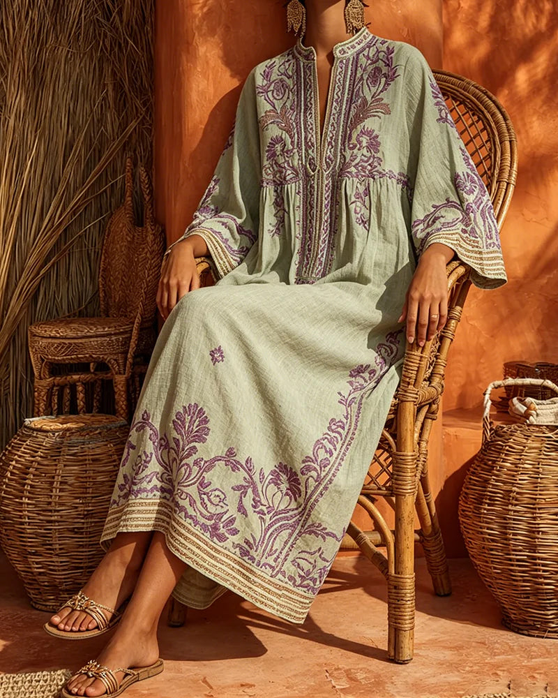 Robe Col En V Imprimé Ethnique Coupe Loose