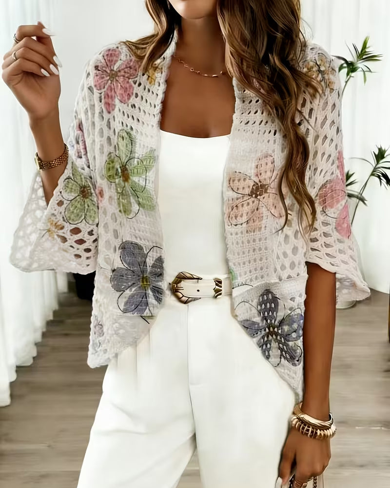 Cardigan Évidé Imprimé Floral Tricoté