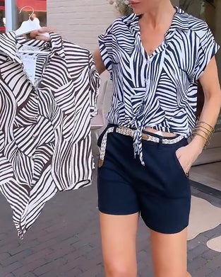 Blouse Zèbre Imprimé Revers Manches Courtes