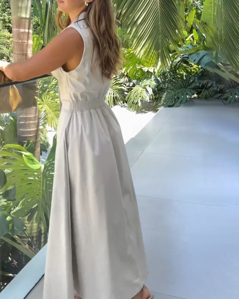 Robe élégante de couleur unie à revers sans manches