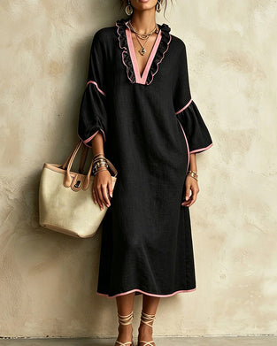 Robe Col V Volant Bloc De Couleur Irrégulière