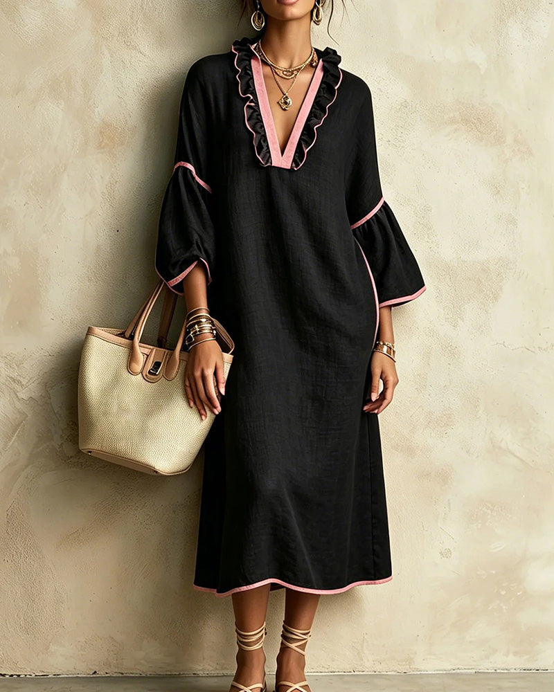 Robe Col V Volant Bloc De Couleur Irrégulière