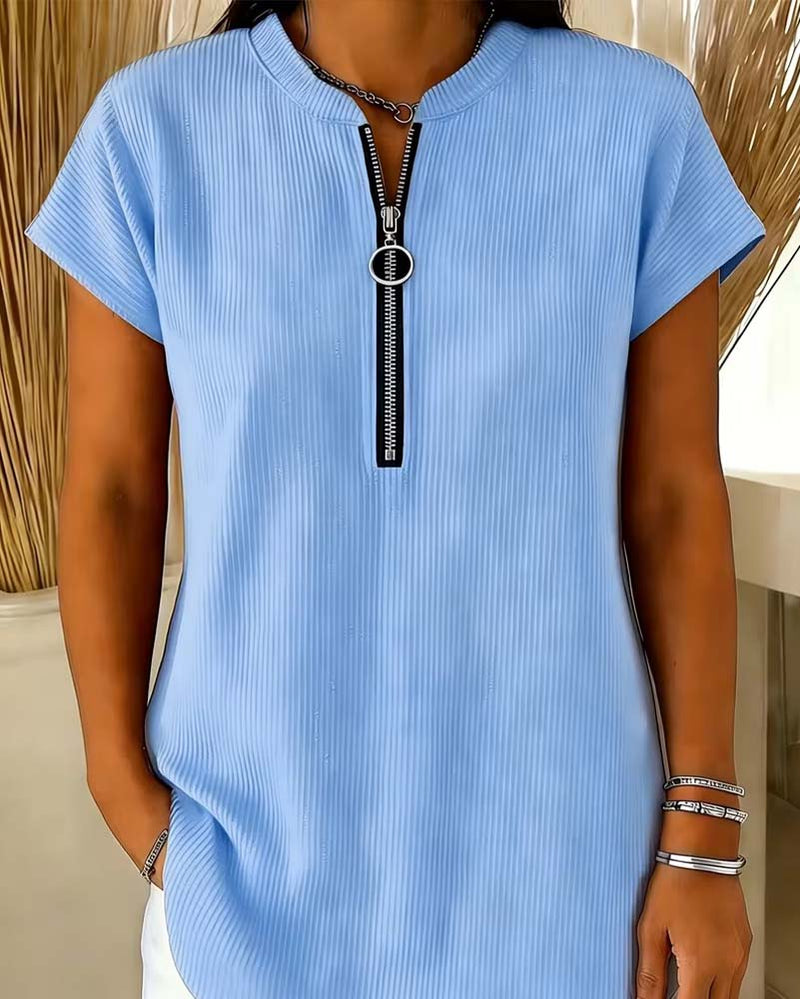 Blouse Unie Manche Courte Fermeture Éclair