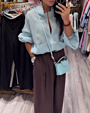 Manteau Unie Col Haut Fermeture Éclair