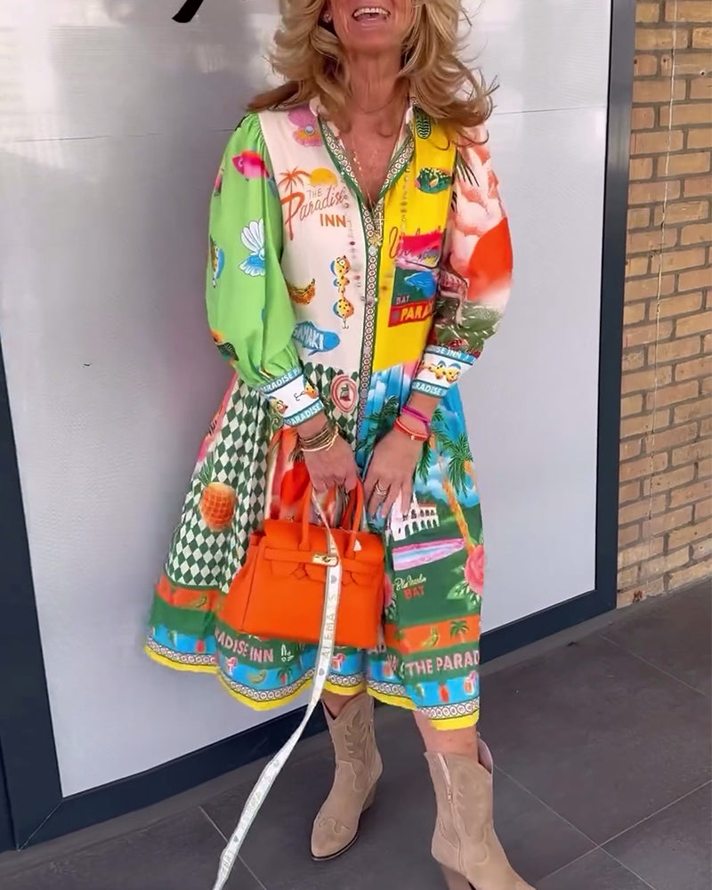 Robe manches longues à revers imprimé coloré