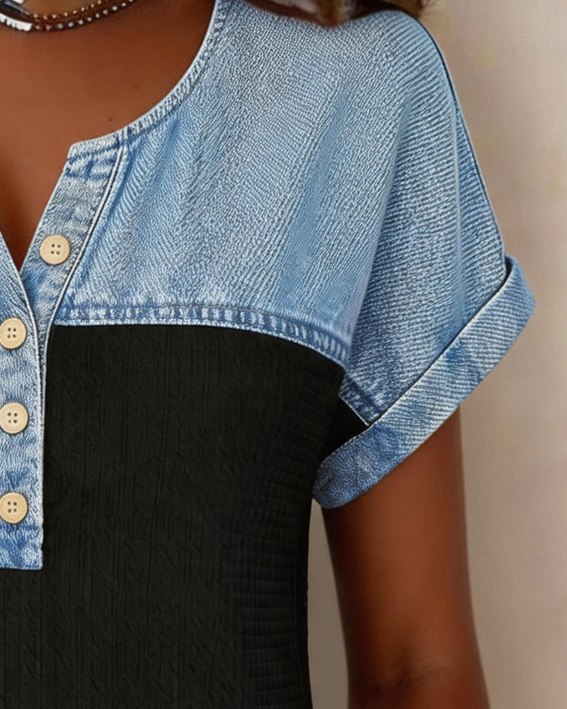 Blouse Denim Patchwork Manche Courte