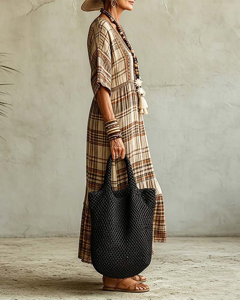 Robe Col V Carreau Patchwork