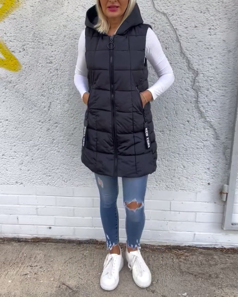 Manteau matelassé sans manches à capuche et fermeture éclair