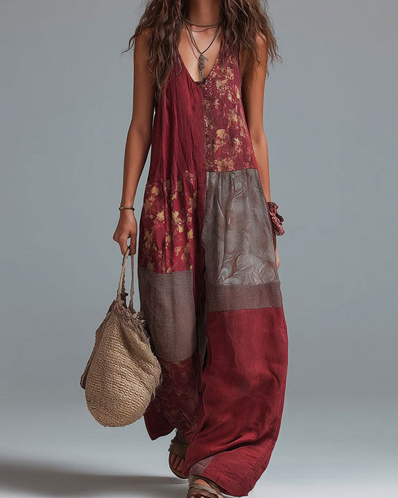 Jumpsuit Col V Sans Manches Contraste Imprimé