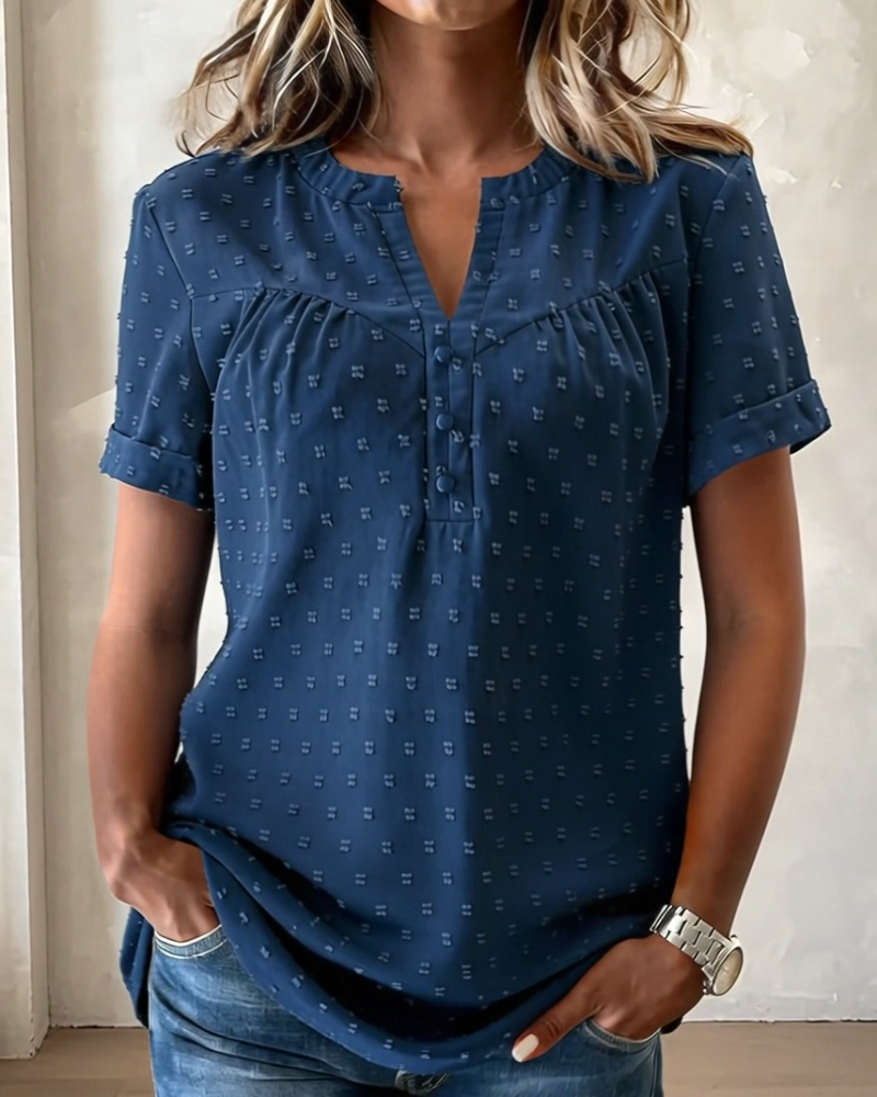 Chemisier Jacquard Col V Demi-Patte Manche Courte