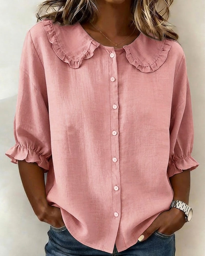 Chemise Col Peter Pan Volant Coton-lin Boutonnage Devant