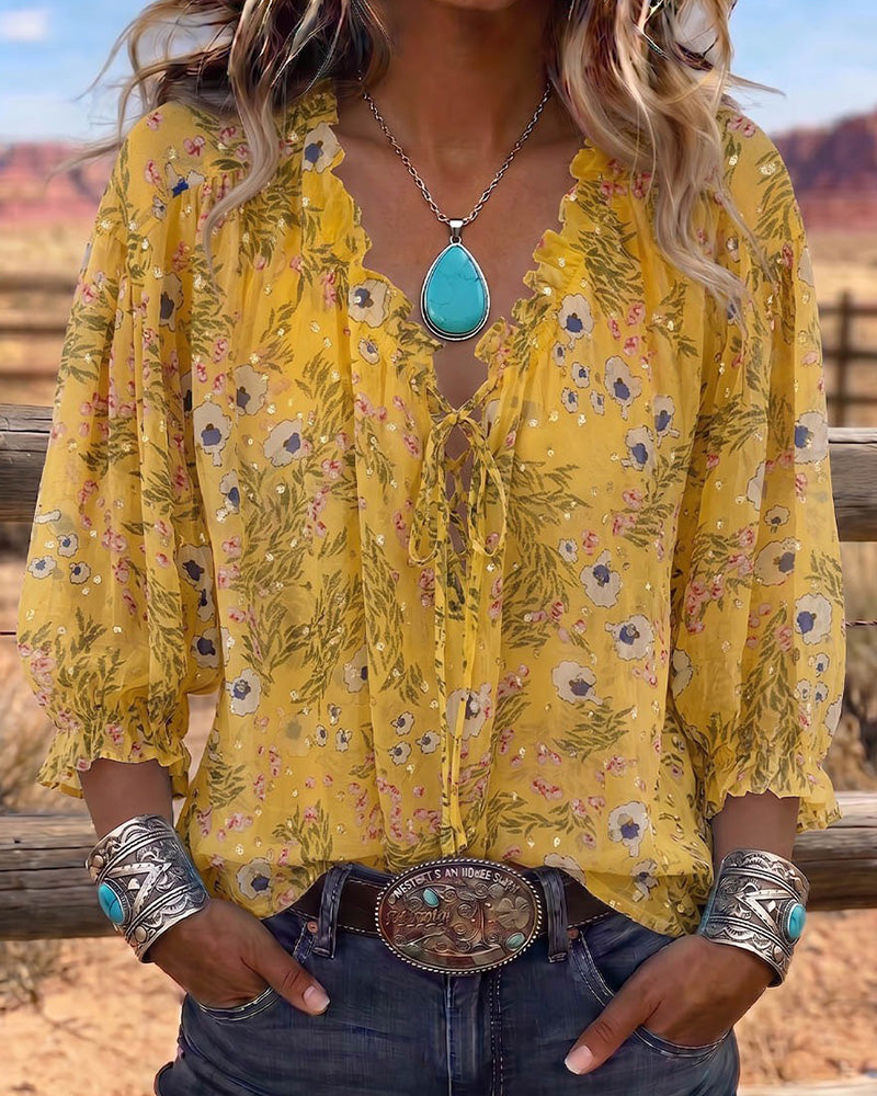 Blouse Décontractée Florale Attache