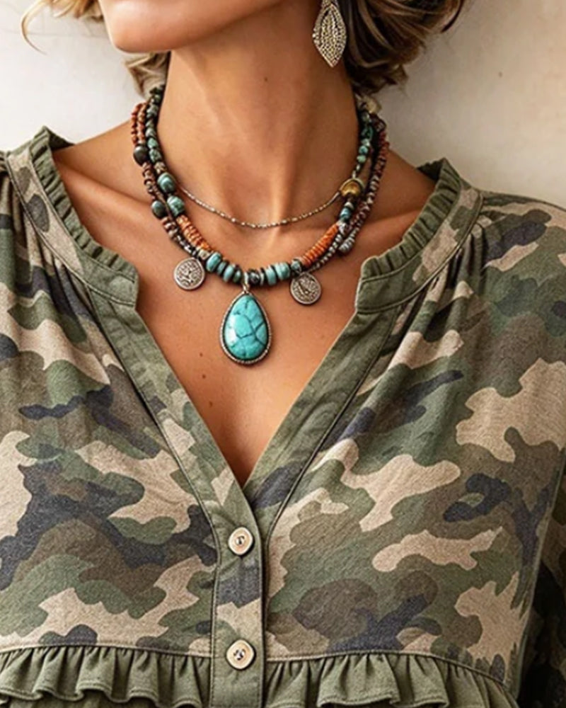 Haut Camo Patchwork Bordure Volantée Col En V