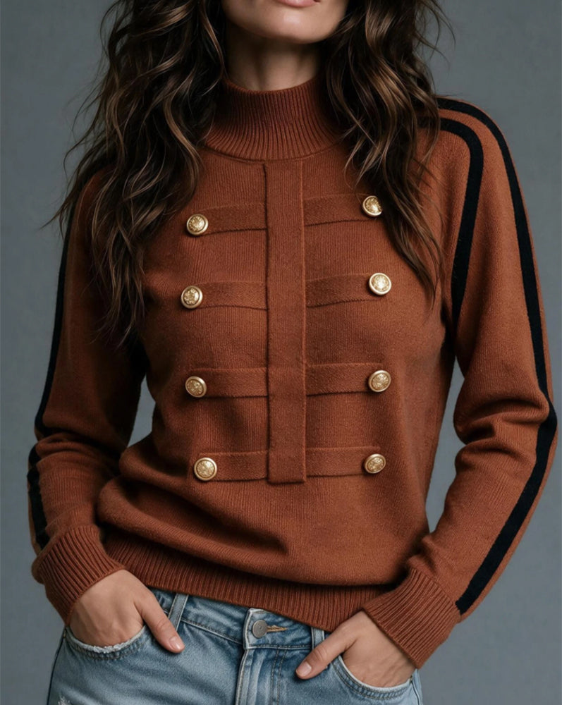 Pullover Col Roulé Bouton Métal Bloc Couleur