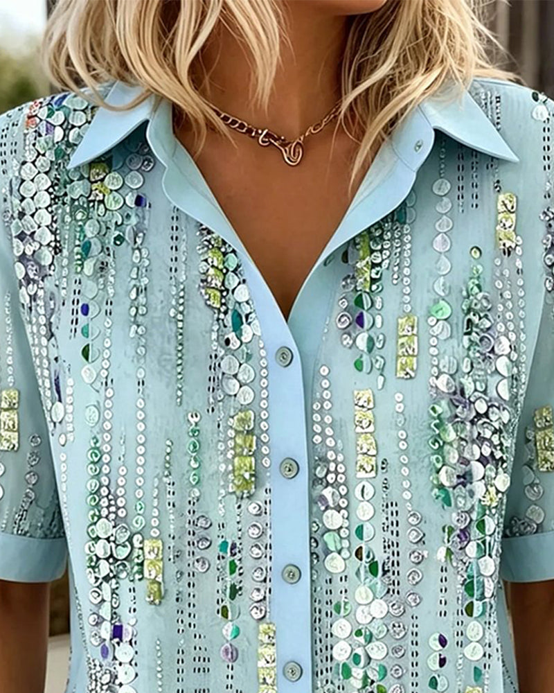 Chemise Paillette Rayure Verticale Manches Courtes