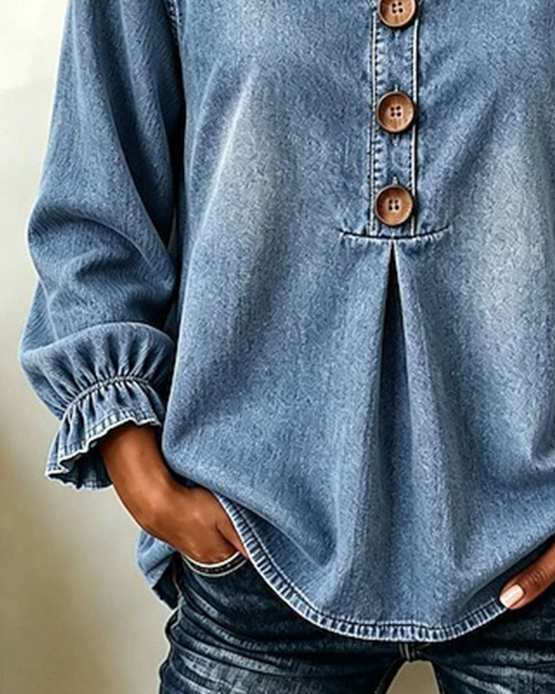 Top Denim Col En V Bouton Manche Volant