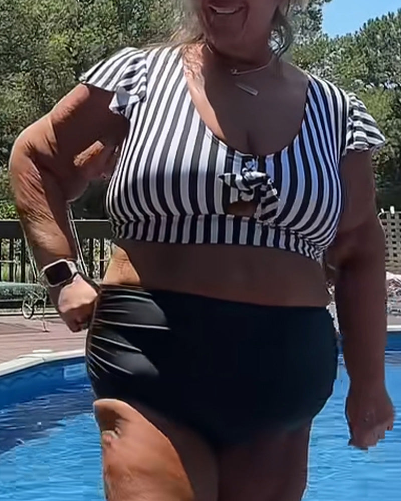 Bikini Rayé Manche Papillon Col En U