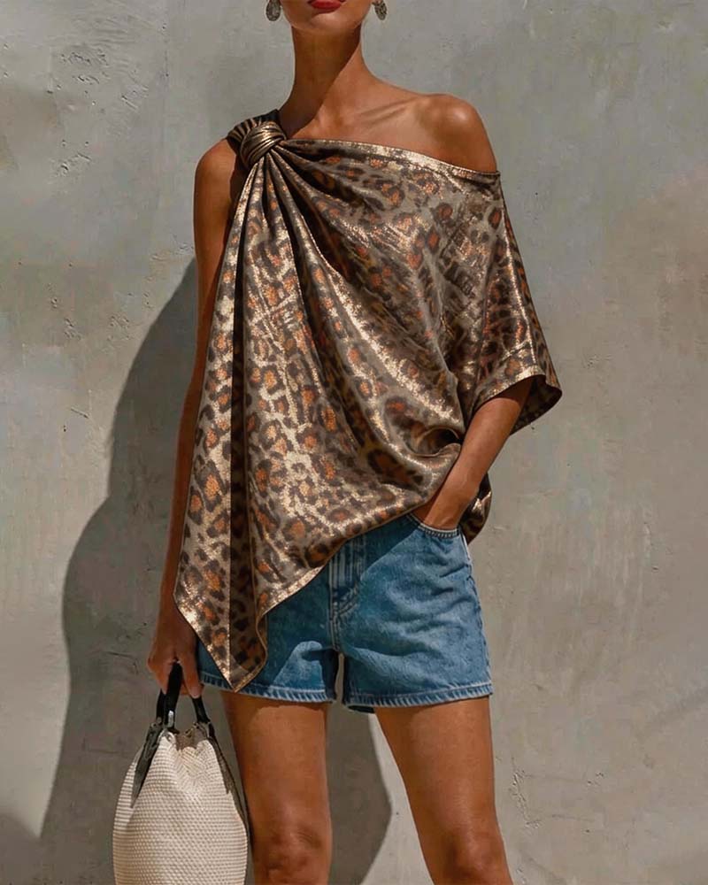 Blouse Or Feuille Léopard Une Épaule Twist