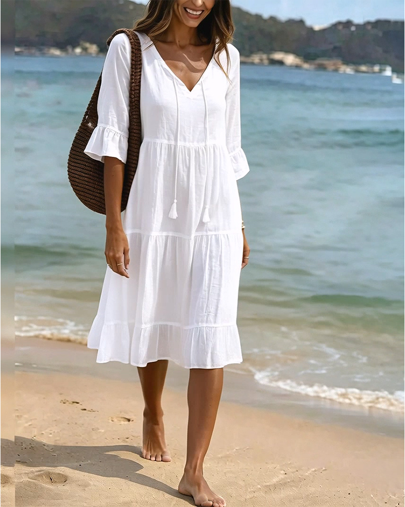 Robe Évasée Demi-Manche Nœud À La Taille