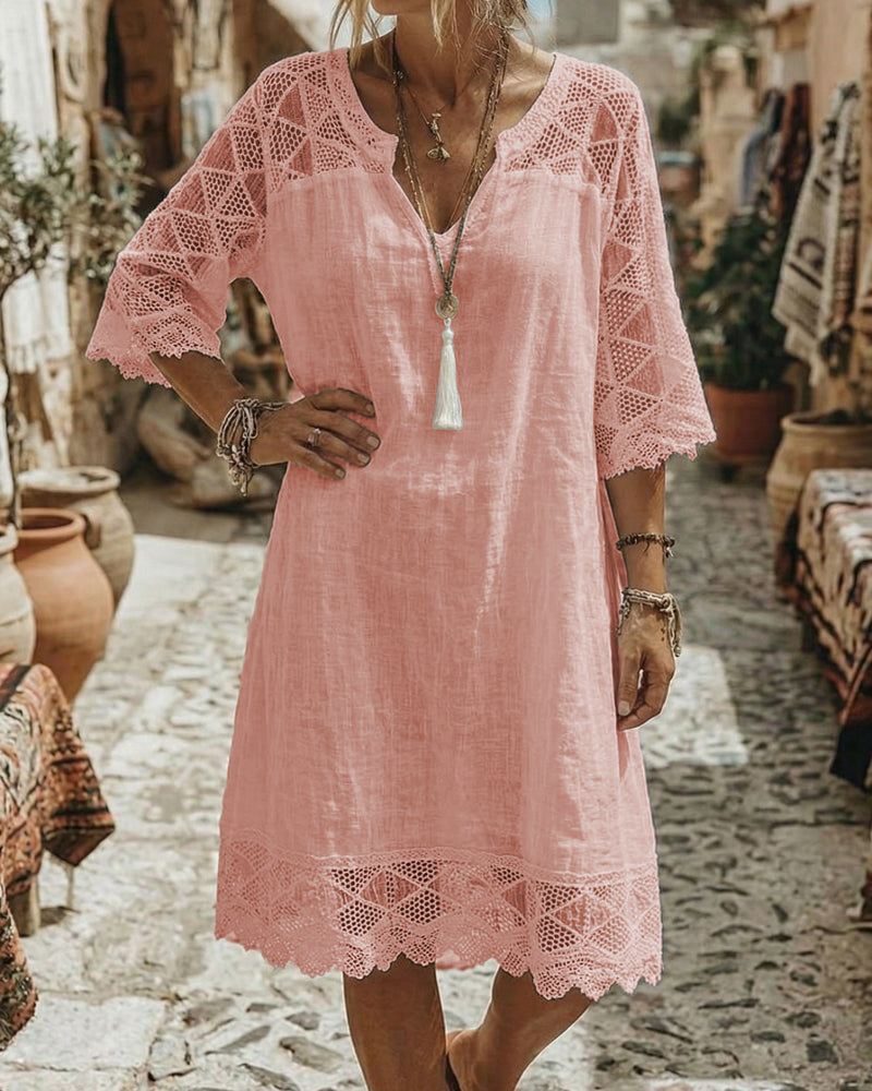 Robe Col V Dentelle Patchwork Décontractée