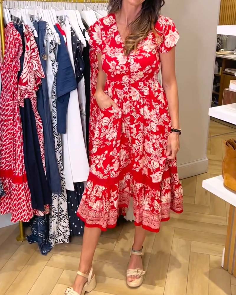 Robe Col V Florale Patchwork A-Ligne